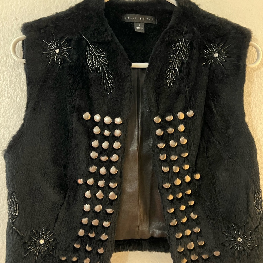Black studded and embroidered rabbit fur vest